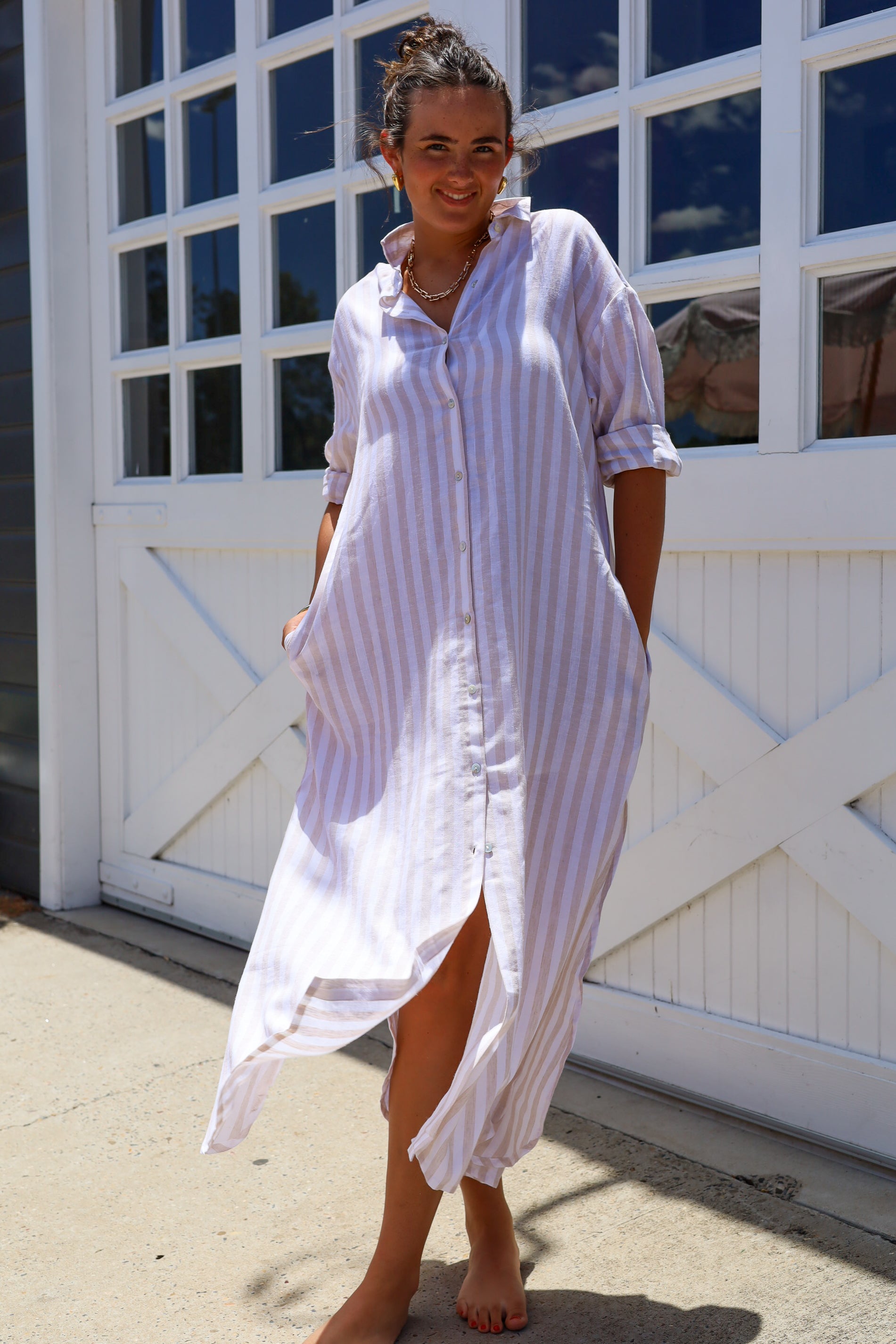 Grace and May Taupe Striped Dress