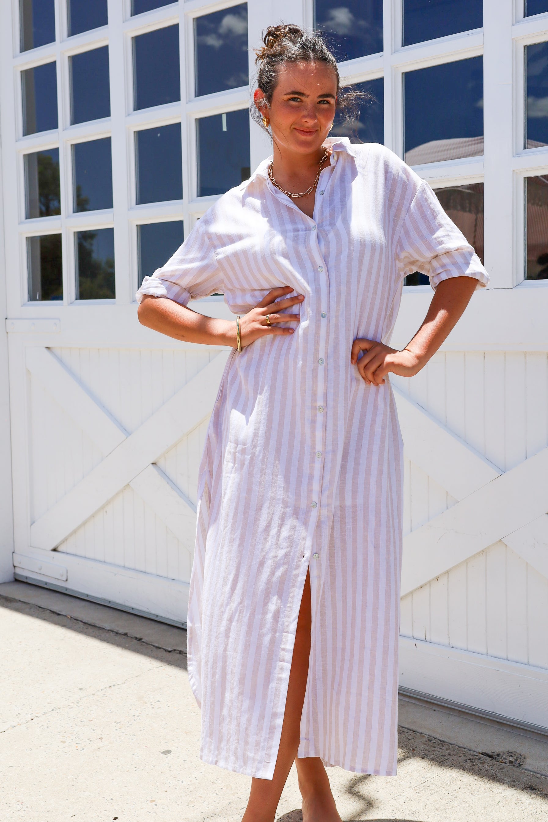 Grace and May Taupe Striped Dress