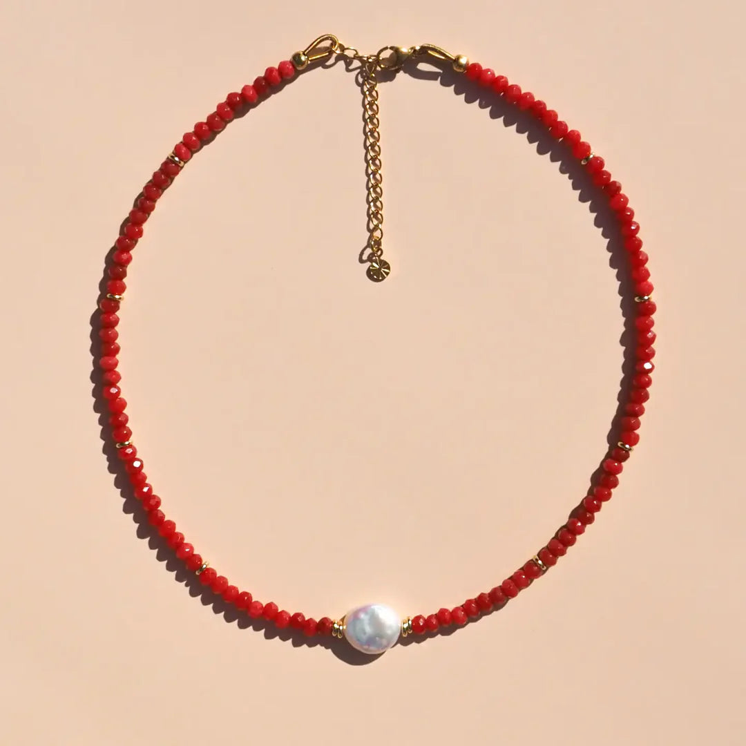 Alesi Freshwater Pearl w Red Gemstone Bead Necklace