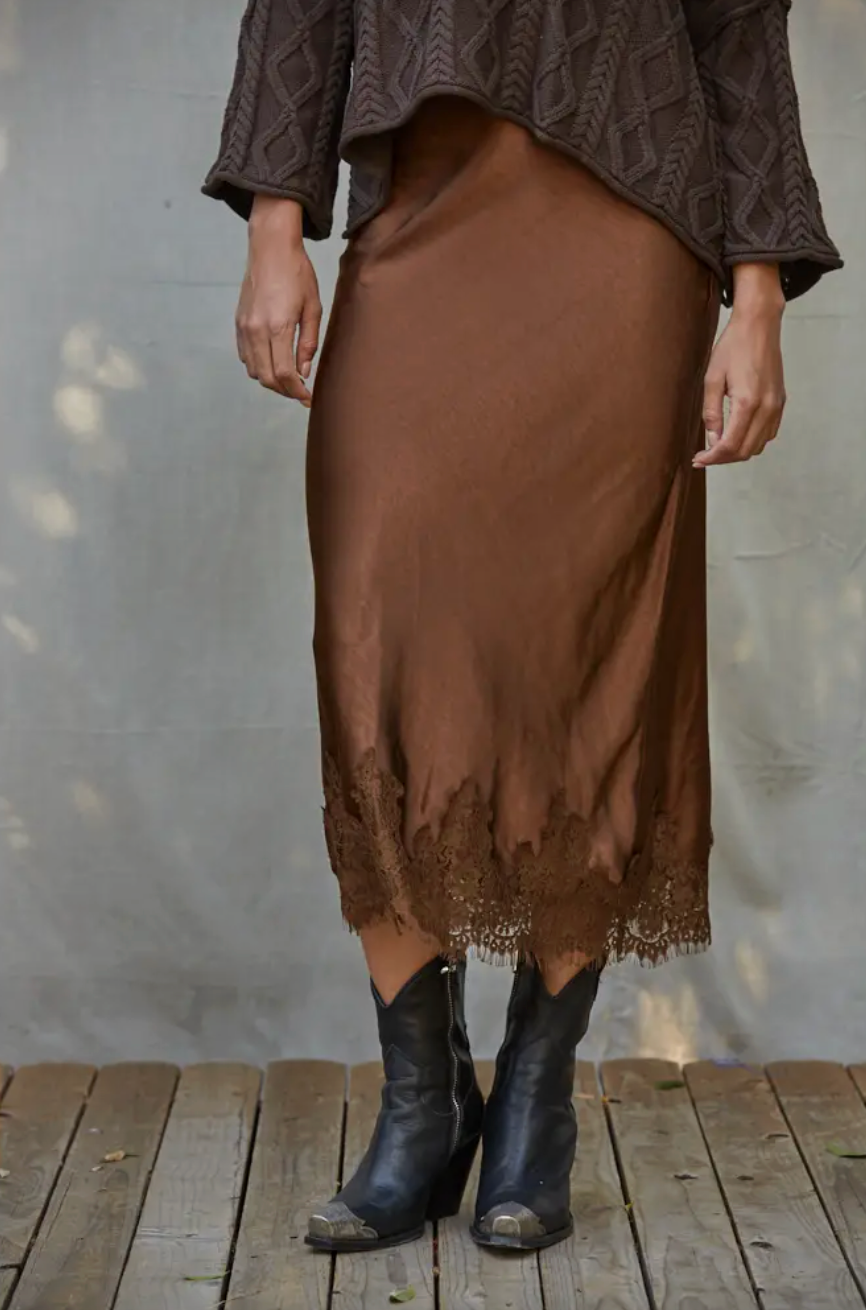 Cocoa Midi Lace Trim Satin Skirt