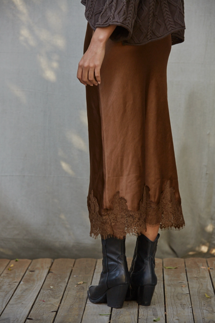Cocoa Midi Lace Trim Satin Skirt