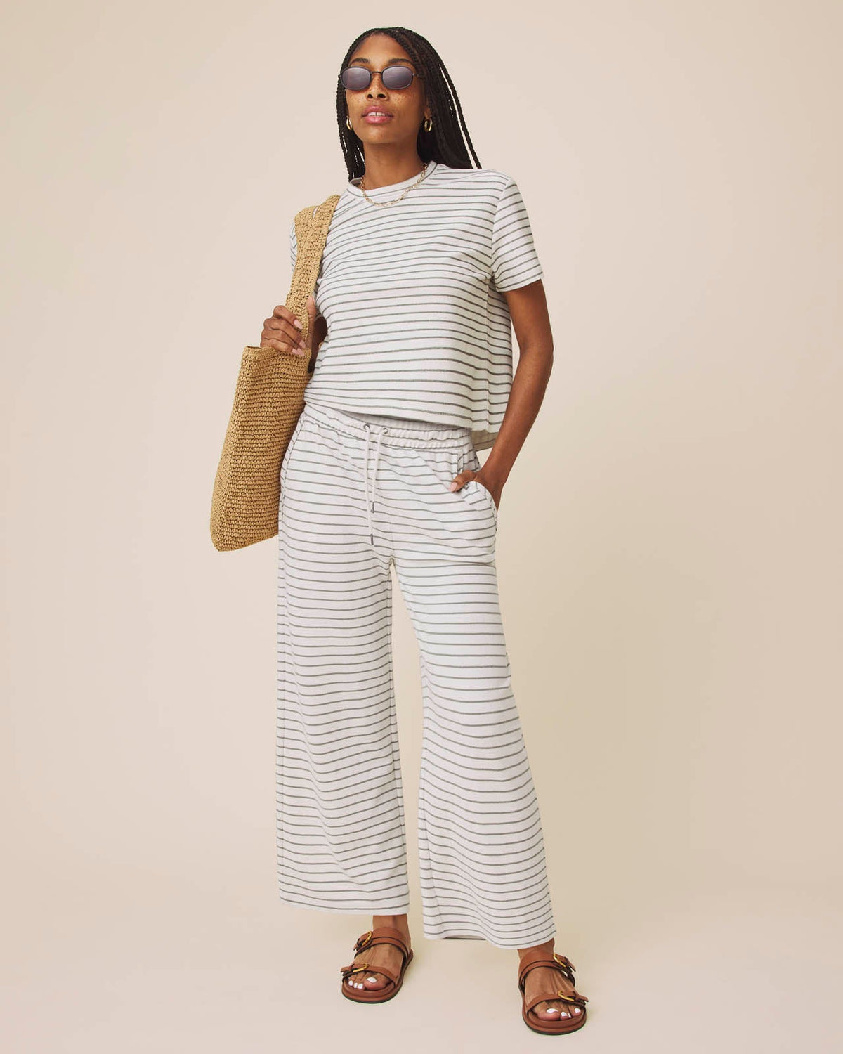 Splendid Kennedy Stripe Short Sleeve Sweatshirt - Pale Oak/Eucalyptus