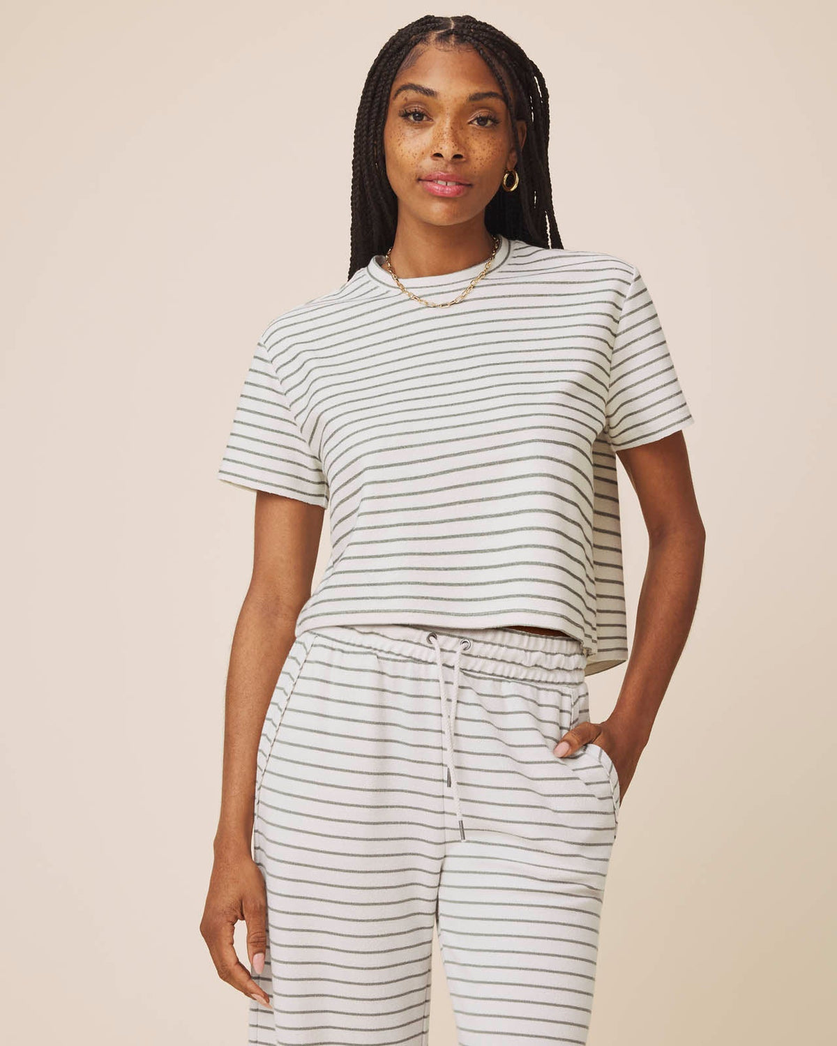 Splendid Kennedy Stripe Short Sleeve Sweatshirt - Pale Oak/Eucalyptus