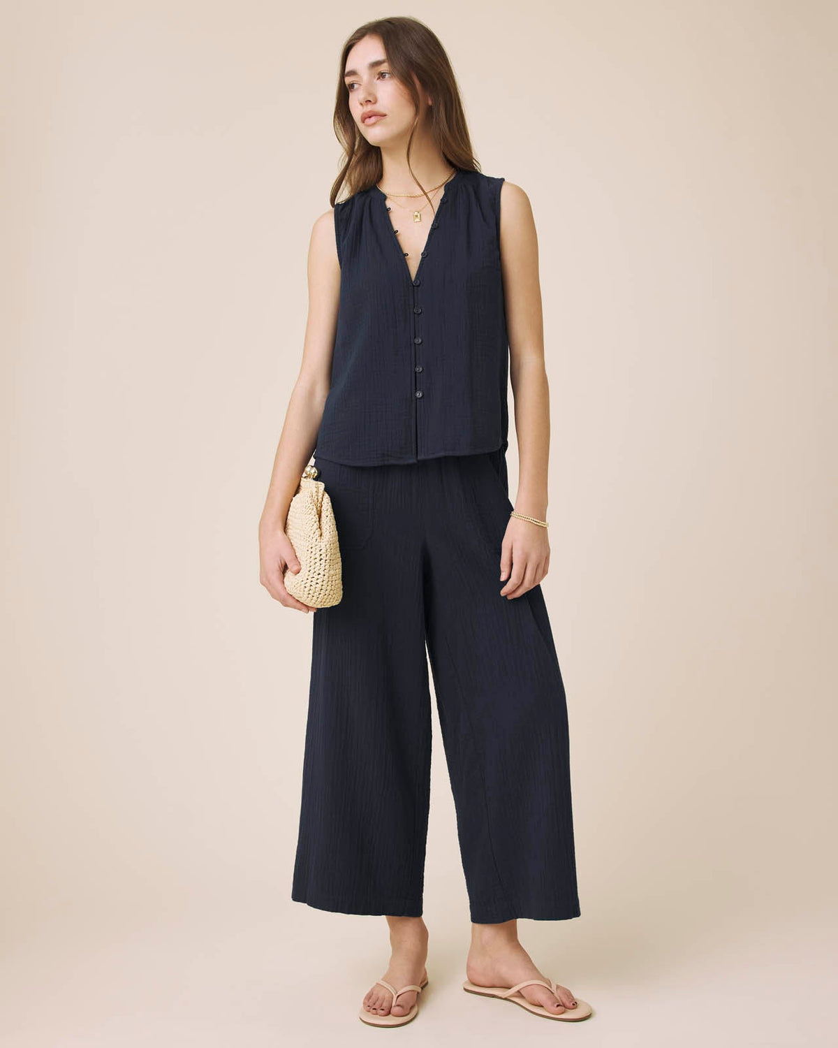 Splendid Ava Gauze Button Tank - Navy