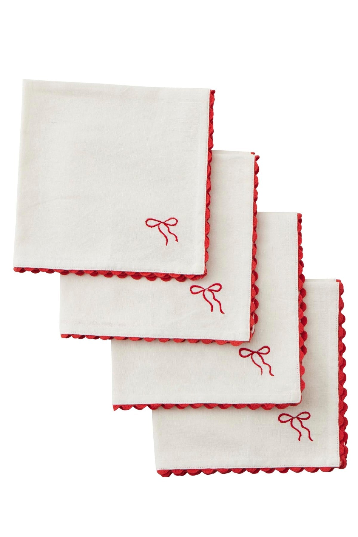 Embroidered Bow Cotton Napkins White/Red - Set of 4