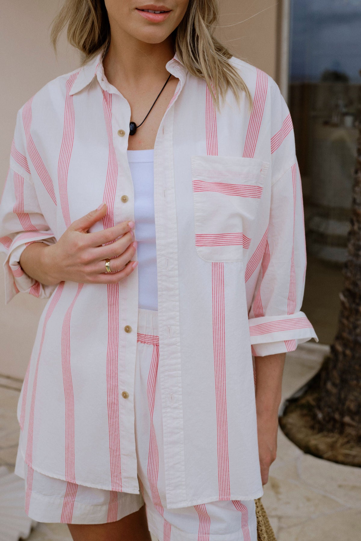 Ceres Life Peta Oversized Shirt in Variegated Red Stripe – view 2