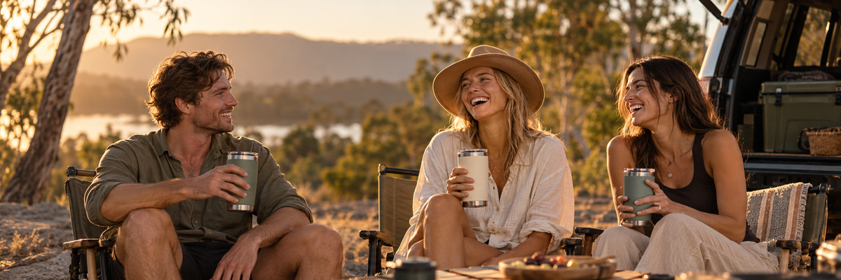 Friends sharing insulated drinkware outdoors at golden hour