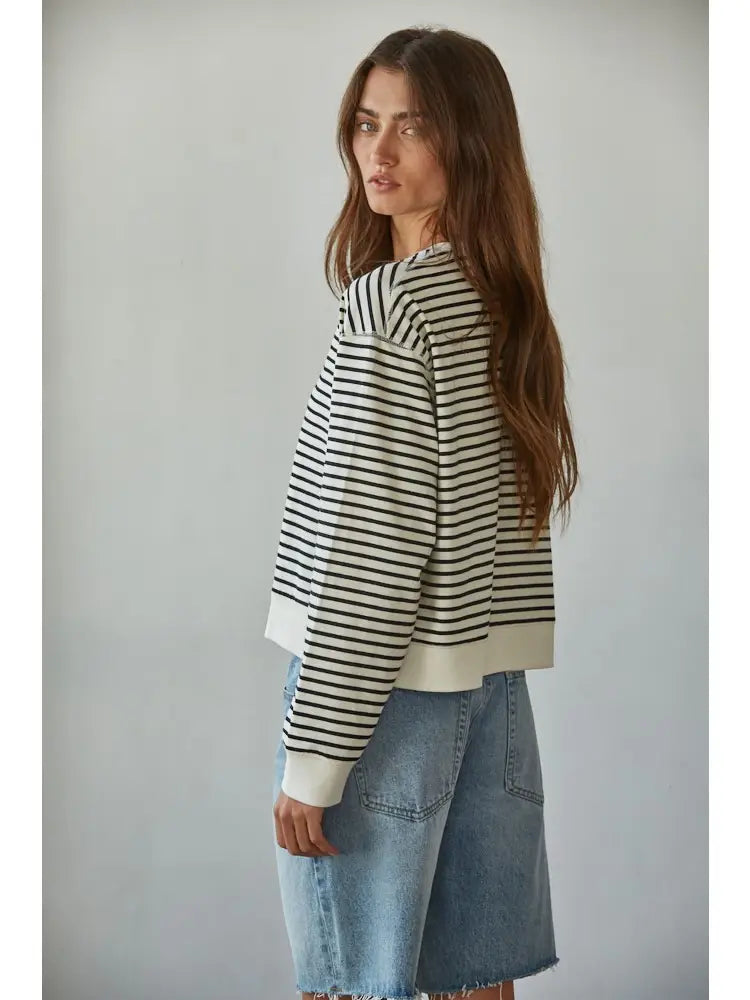 Cotton Knit Striped Crew Neck Long Sleeve Top