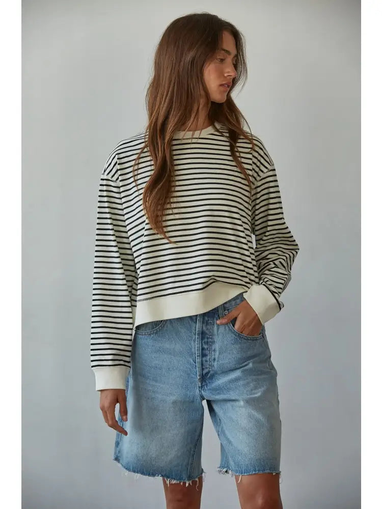 Cotton Knit Striped Crew Neck Long Sleeve Top