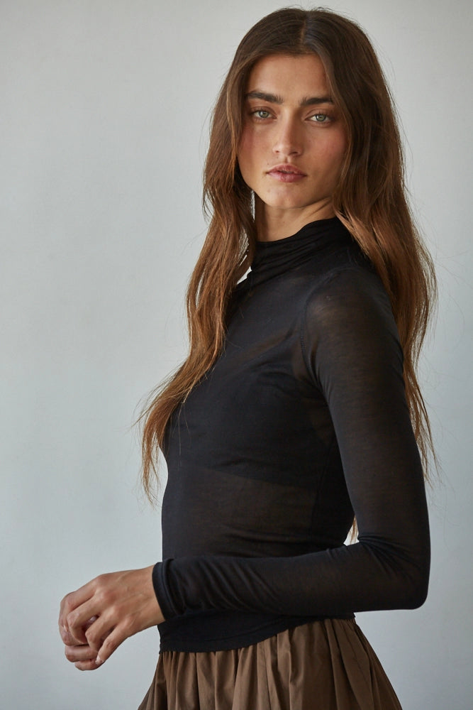 Knit Jersey Turtleneck Long Sleeve Sheer Top