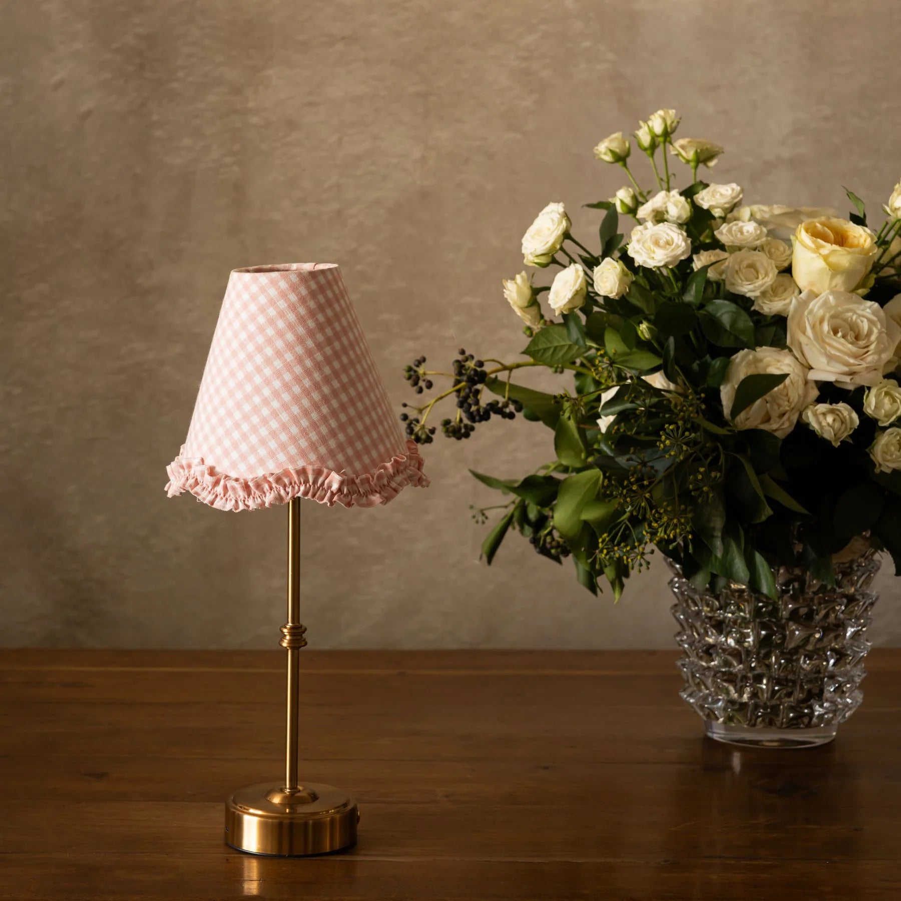 Blush Gingham Scallop Ruffle Lamp Shade