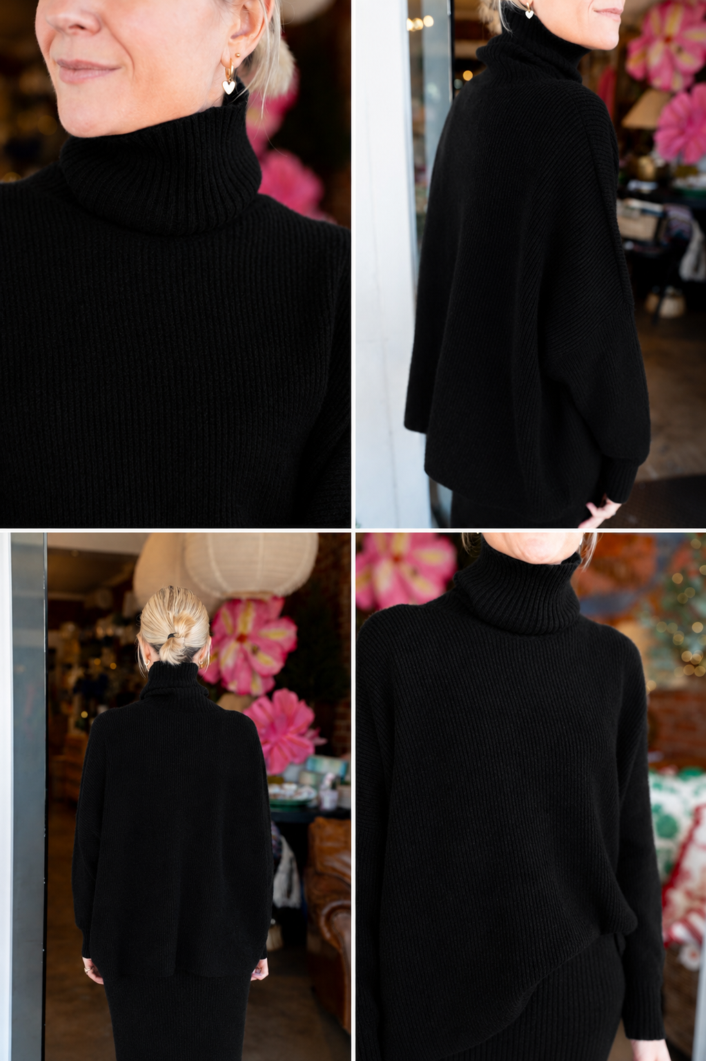 Grace and May Black Ribbed Roll Neck