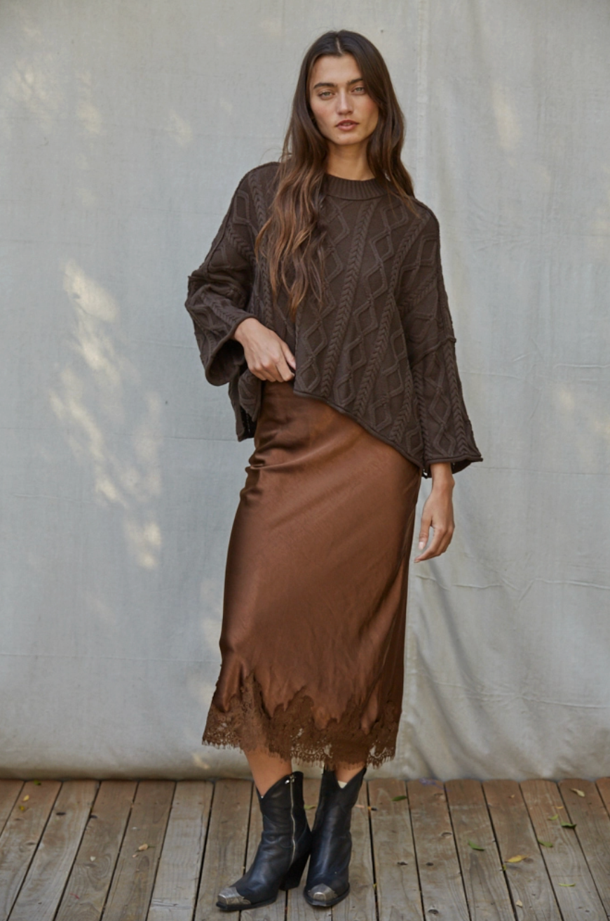 Cocoa Midi Lace Trim Satin Skirt