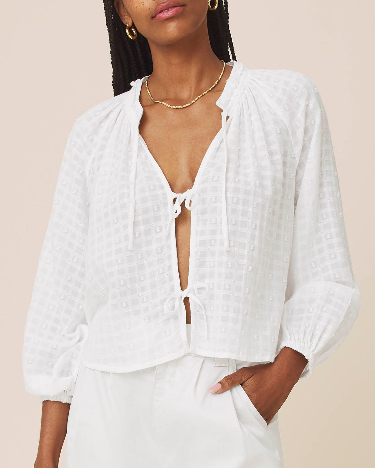 Splendid Fleur Tie Front Long Sleeve Blouse - White