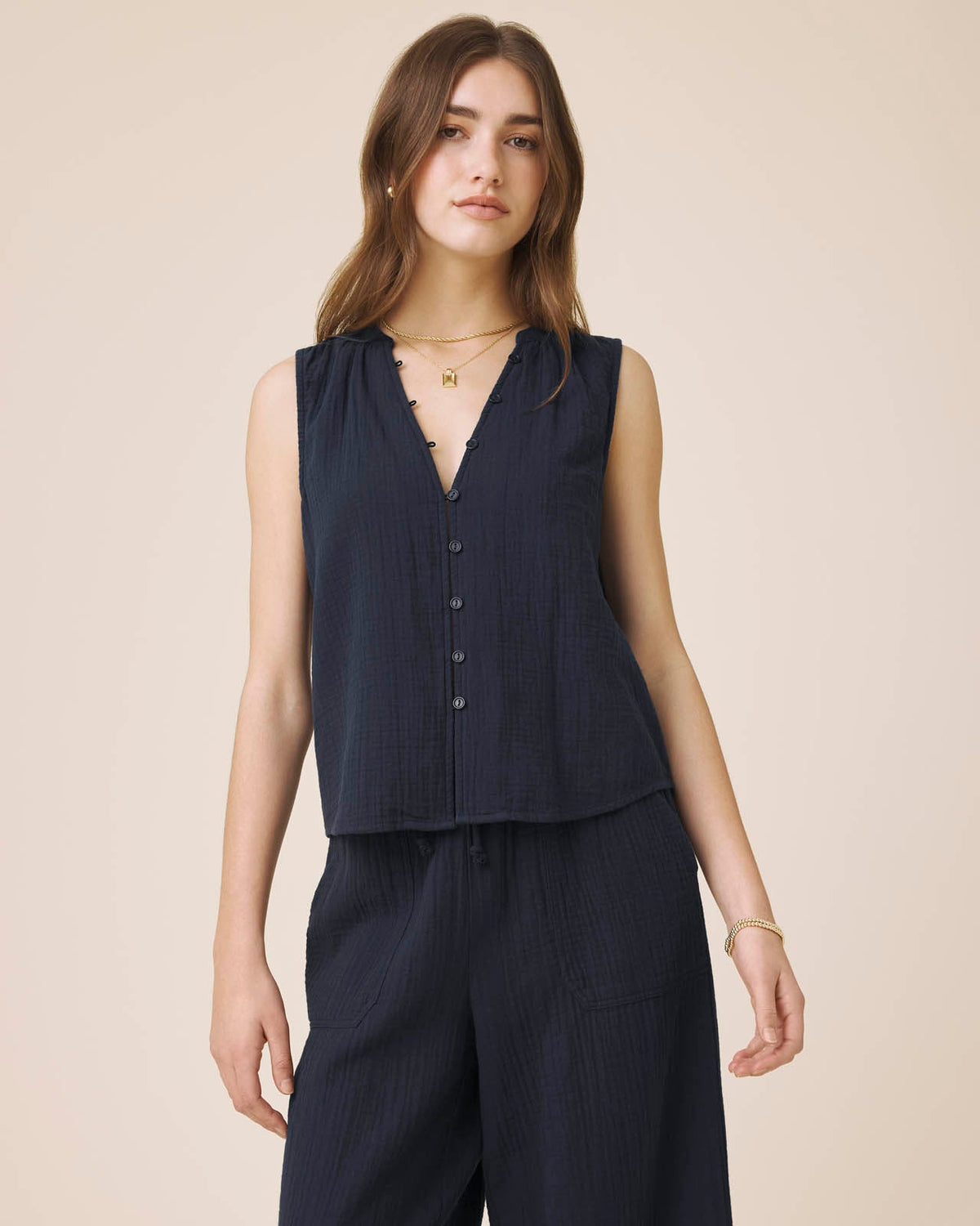 Splendid Ava Gauze Button Tank - Navy
