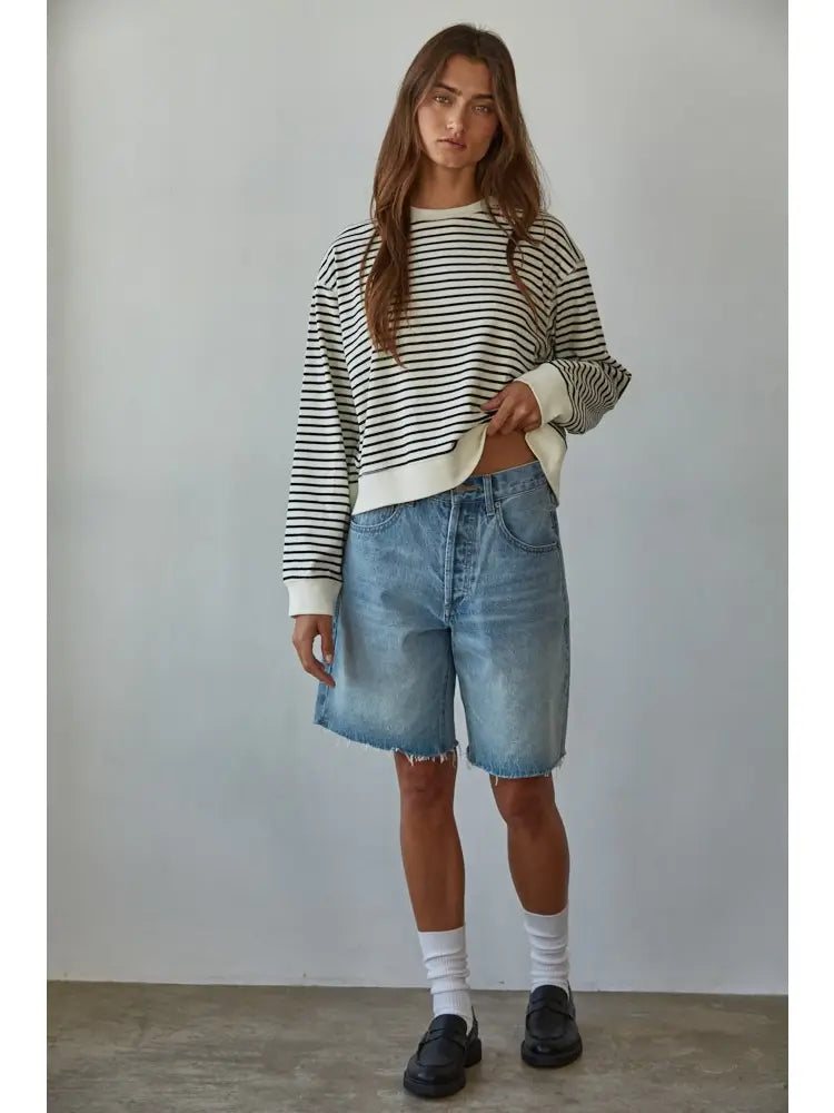 Cotton Knit Striped Crew Neck Long Sleeve Top