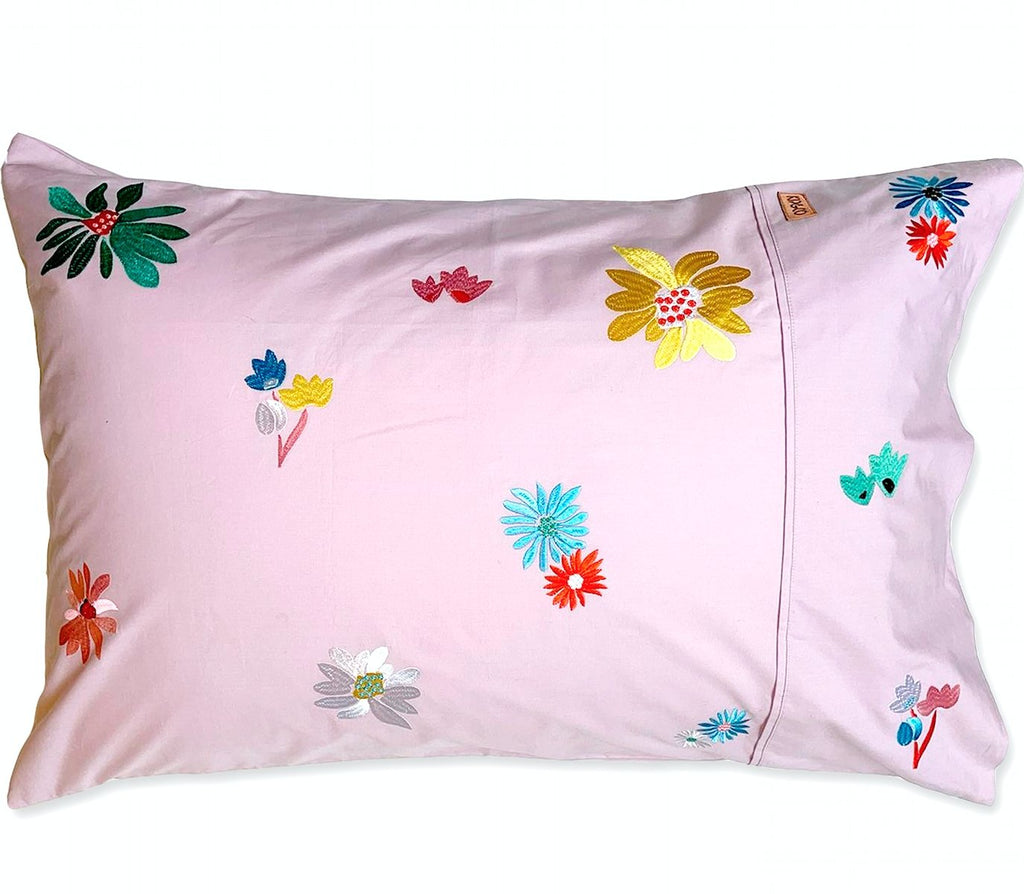 Kip & Co Big Floral Embroided Cotton Pillowcase - Marval Designs